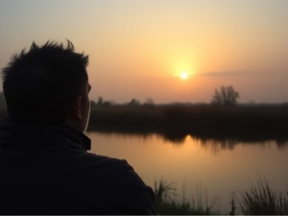 Silhouet van een man die naar de zonsondergang boven het water kijkt
